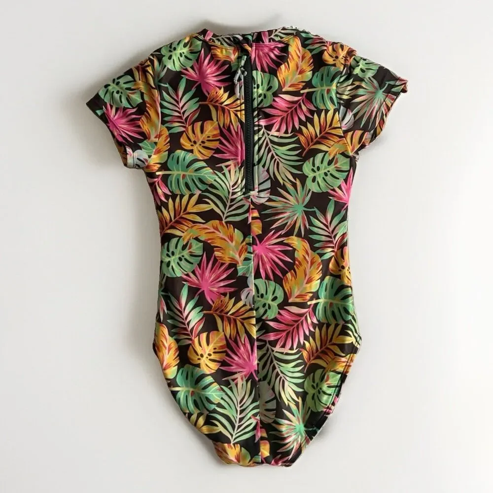 Art Class Girls Swimsuit L 10/12 Tropical Floral One Piece Mesh Zip Back